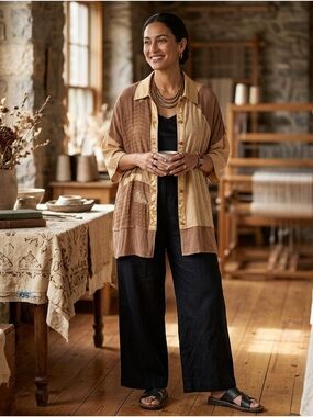 Lightweight Patchwork Button-Down Shirt Jacket - Brown & Cream